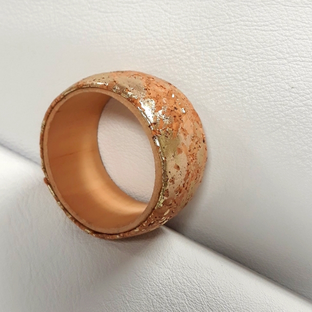 Chunky Wood Bangle Bracelet W/ Metallic Gold/ Cork Detail